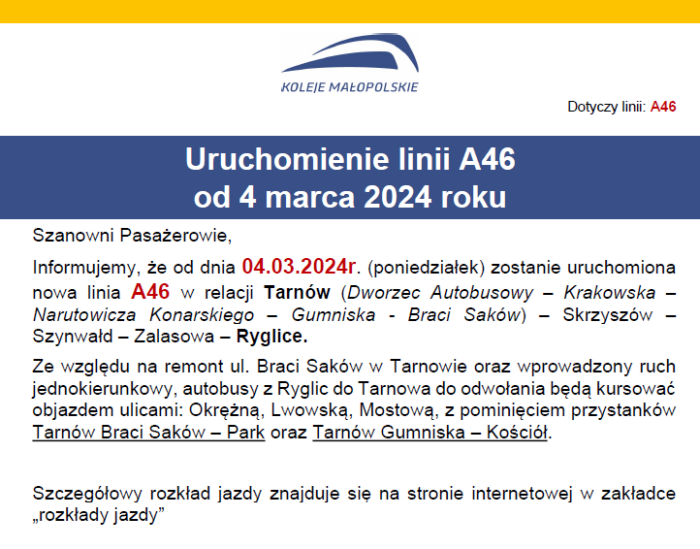 Miniaturka artykułu Małopolskie Linie Dowozowe – Uruchomienie linii A46 od 04.03.2024 r.