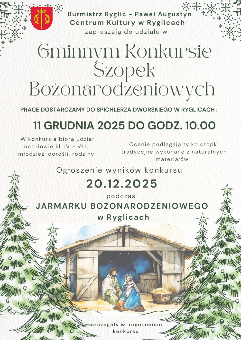 Centrum Kultury w Ryglicach zaprasza do udziału w Konkursie „Szopka Bożonarodzeniowa” – Ryglice 2025.