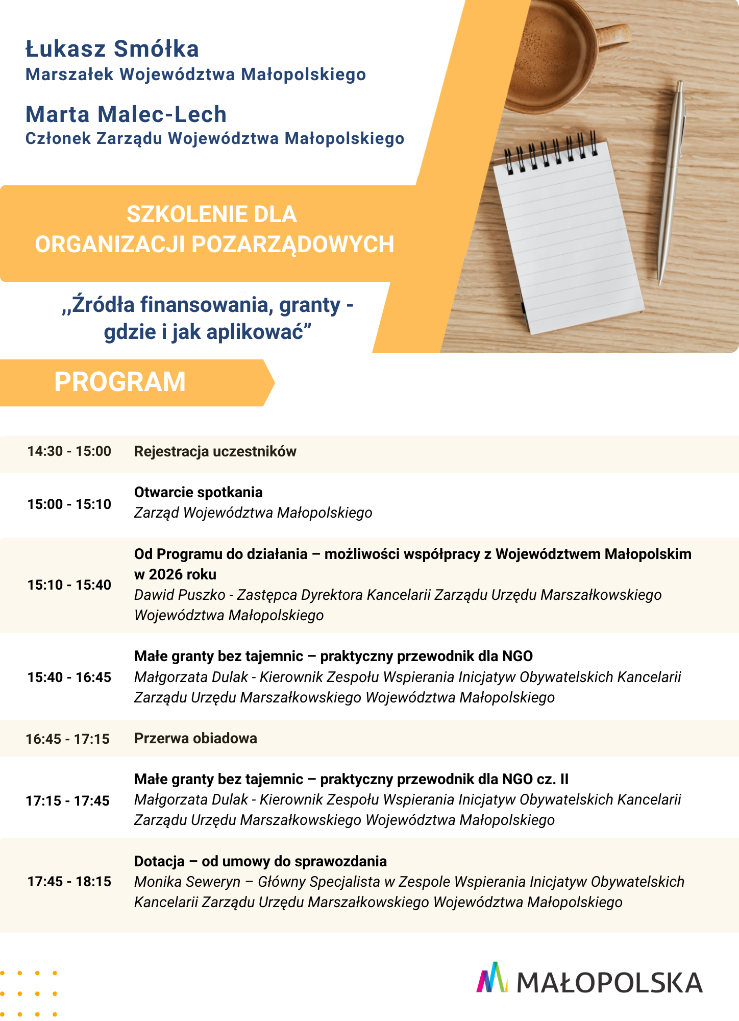 Szkolenia dla organizacji pozarządowych WM pn. „Źródła finansowania, granty – gdzie i jak aplikować”