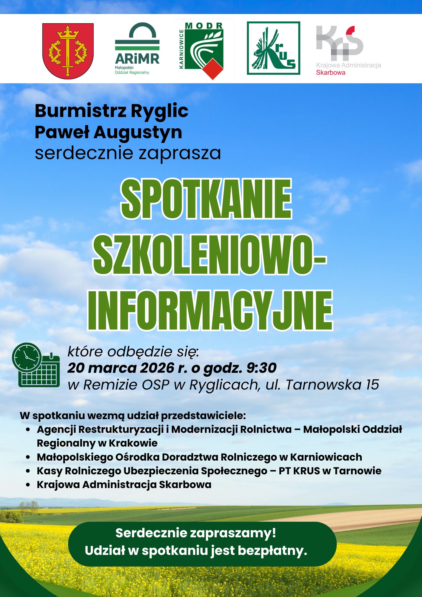 🌾 Spotkanie szkoleniowo-informacyjne dla rolników w Ryglicach!