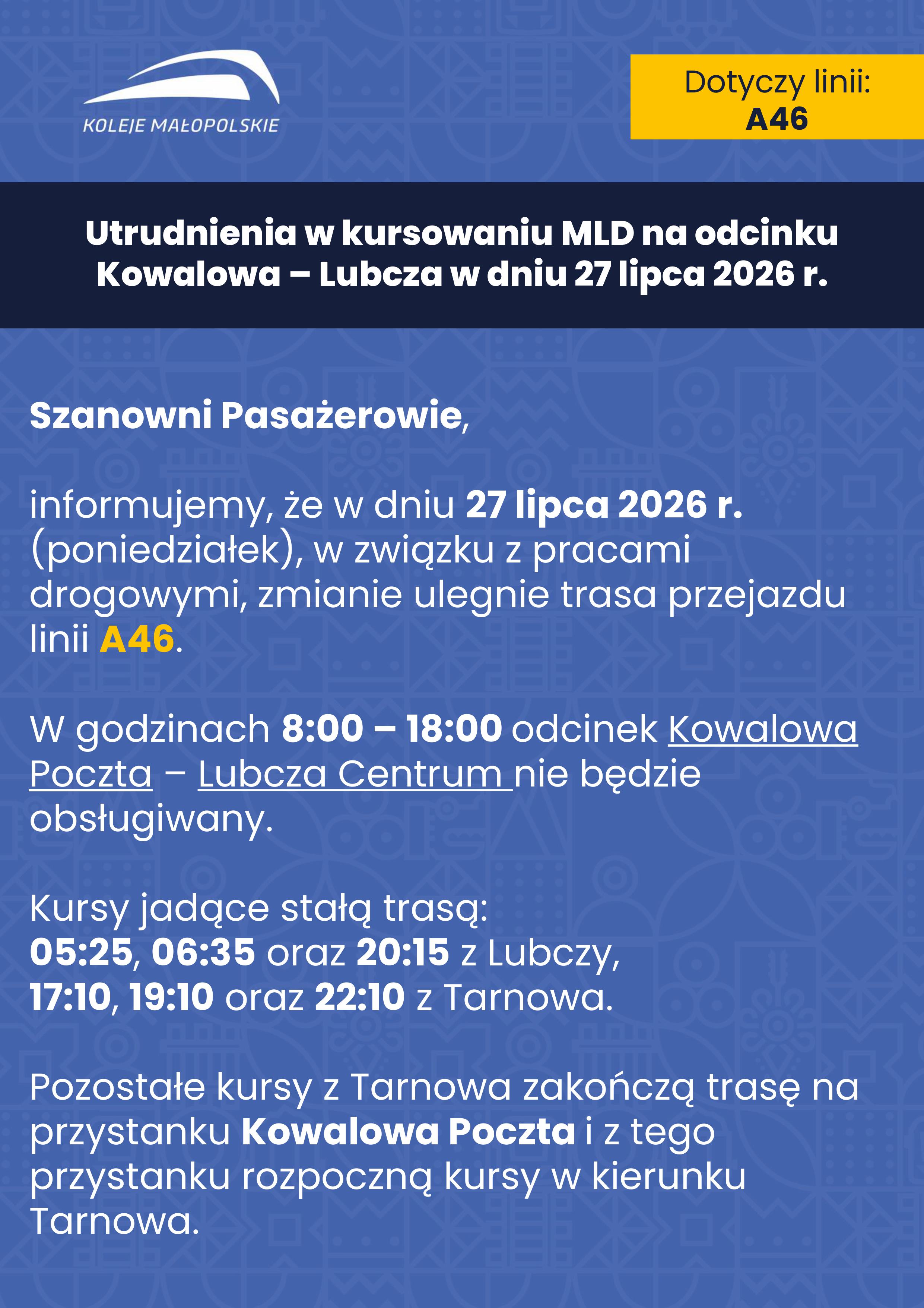 Zmiana trasy przejazdu linii A46 w dniu 27.07.2026r.