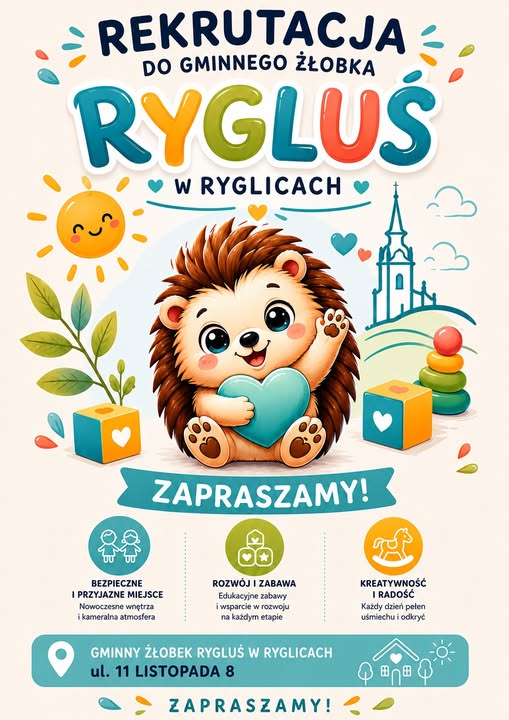 Trwa rekrutacja do Gminnego Żłobka RYGLUŚ w Ryglicach! 💙