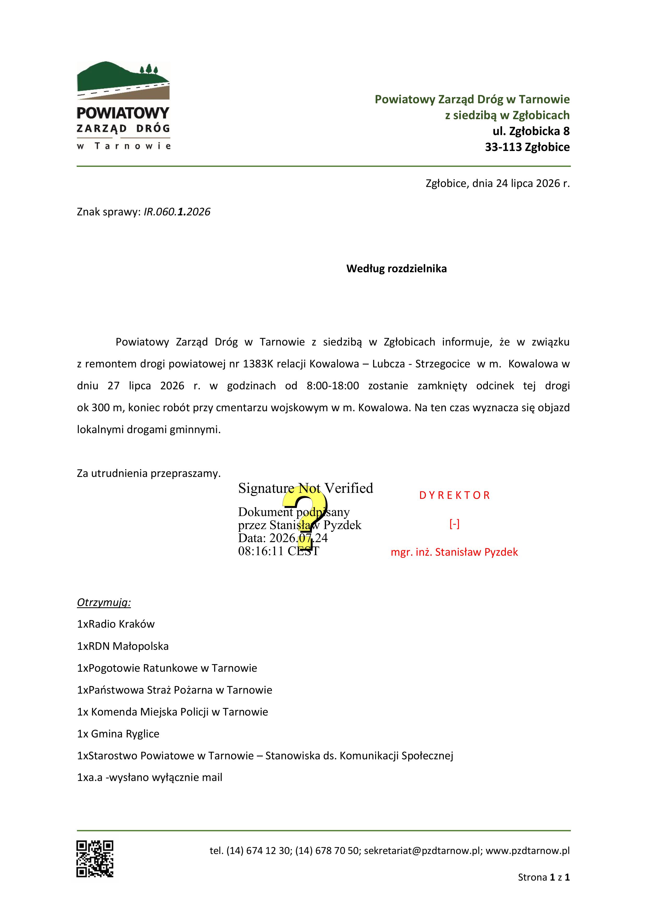 Zamknięcie drogi powiatowej 1383K w m. Kowalowa w dniu 27.07.2026r.