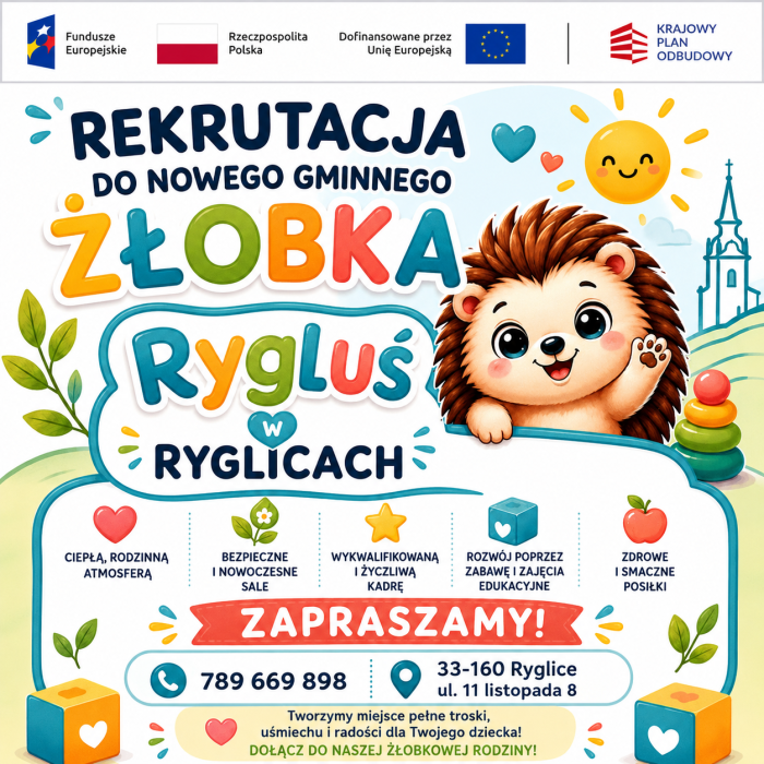 Miniaturka artykułu 📣 REKRUTACJA DO GMINNEGO ŻŁOBKA „RYGLUŚ” W RYGLICACH! 🧸💛