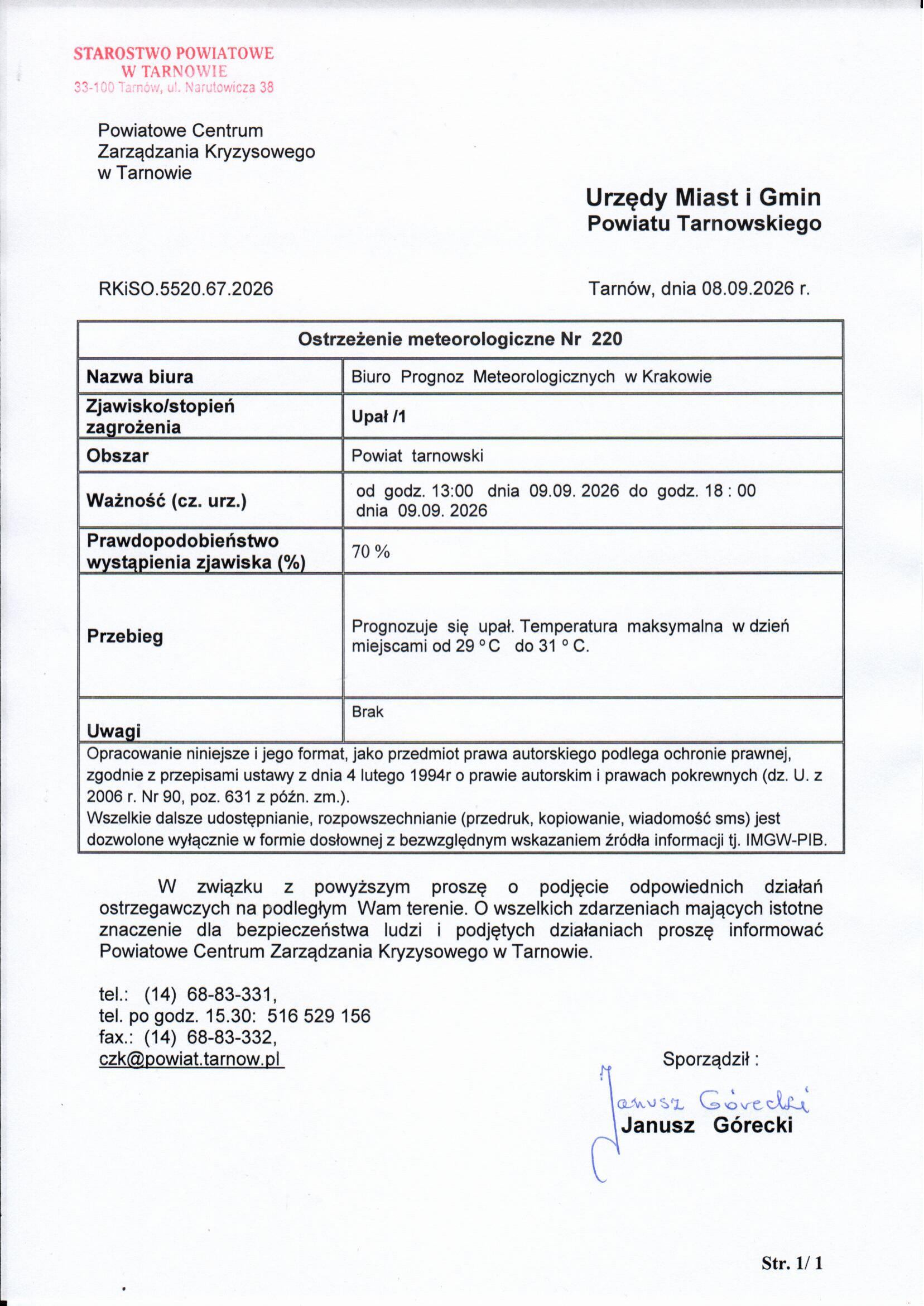 Ostrzeżenie meteorologiczne Nr 220 Upał/1