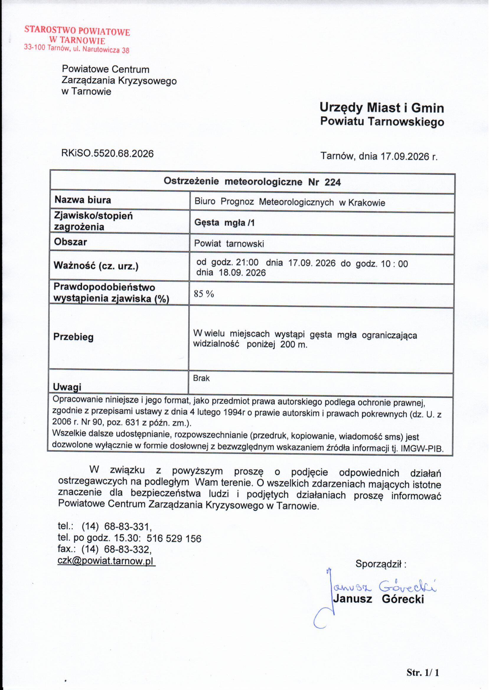 Ostrzeżenie meteorologiczne Nr 224 Gęsta mgła/1