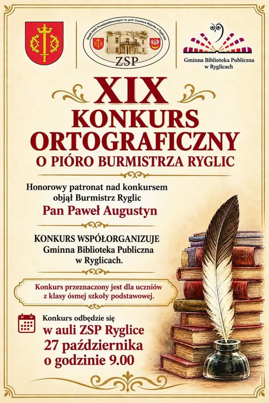 ✍️ XIX KONKURS ORTOGRAFICZNY O PIÓRO BURMISTRZA RYGLIC!