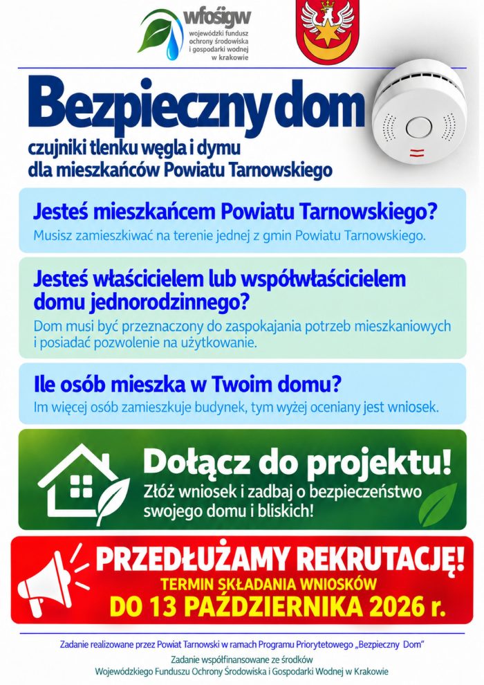 Informacja w sprawie przedłużonego naboru – Bezpieczny Dom – czujniki tlenku węgla i dymu